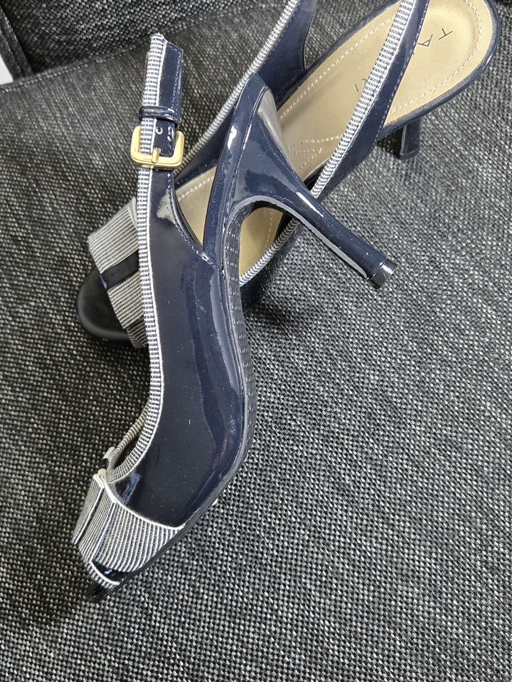 Tahari Navy Patent Peep-Toe Slingback Heels with Striped Trim